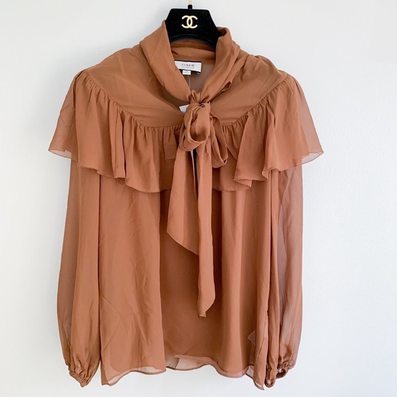 J. Crew Tops - NWT J. Crew Collection 100% silk ruffle tie neck chiffon blouse brown size xs